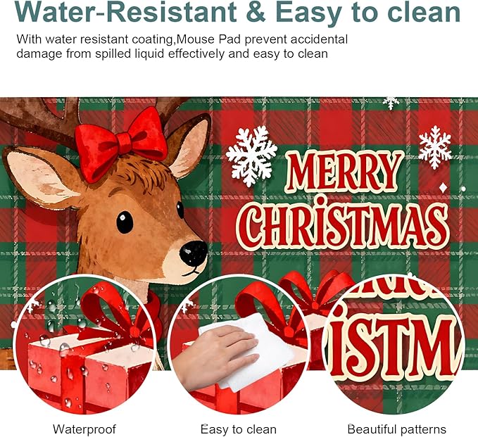 Merry Christmas-Elk Gaming Mouse Pad 31.5"x11.8"Desk Mat Anti-Slip Rubber Base & Durable Stitched Edges for Gamers Smooth Mouse Writing Surface for Desk Office/Home
