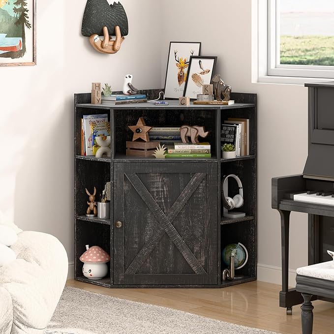 Corner Storage Cabinet, Farmhouse Corner Bookshelf with Storage 6-Cubby Wooden Cabinet with USB Ports and Outlets Industrial Organizer for Small Space, Study, Playroom, Living Room