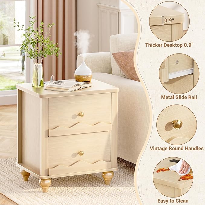 Cyclysio Nightstand with Charging Station, Side End Table with 2 Drawers, Modern Wood Night Stand with Scalloped Pattern for Bedroom, Bedside Night Tables with Solid Wood Gourd Legs