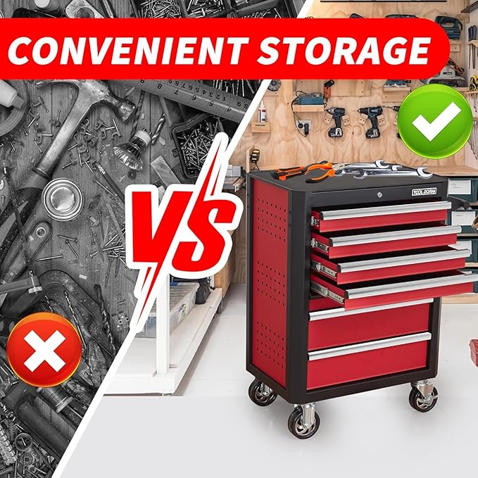 7-Drawer Rolling Tool Chest with Locking Wheels & Drawers, 18.5" D x 27.9" W x 39.5" H Mobile Tool Storage Cabinet, Heavy-Duty Garage Organizer w/Ergonomic Handle