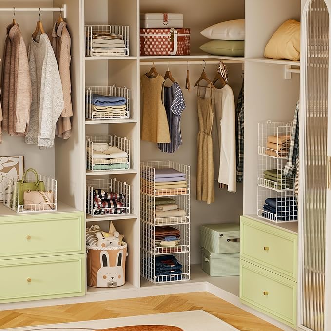 Stackable Closet Organizers and Storage - 4-Tier Stackable Storage Bins, Foldable Closet Shelf Organizer Basket, Clothes Organizers Shelves for Organizer System(15.7"x11.8"x34.64")