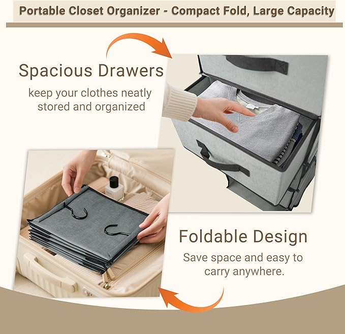 Durable 2-in-1 Hanging Closet Organizer with 2 Separable 3-Tier Hanging Shelves Holder & 4 Removable Drawers,Clothes Storage Organization Space-Saving for Bedroom,Bathroom,Nursery,Dorm,RV