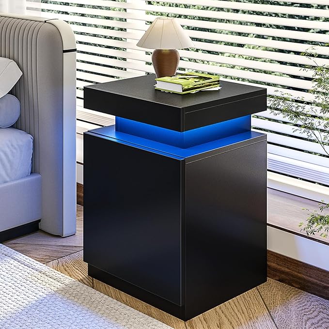 MXV Nightstand with LED Lights & Charging Station, Black Bedside Tables with USB Ports, Storage Cabinet & Drawers for Bedroom, Modern End Tables for Living Room (Black, 17.7，Set of 2)