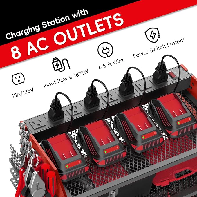 Power Tool Organizer Wall Mount with Charging Station, Drill Holder, Adjustable Layers, Heavy Duty Garage Tool Organizer Storage with 8 Outlet Power Strip, Christmas Gifts for Men, Dad, Husband