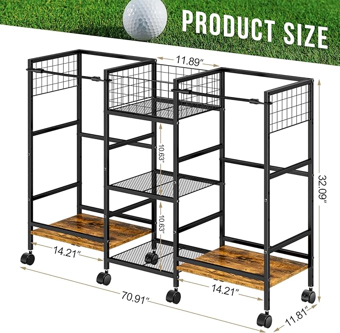 Golf Bag Storage Rack for Garage with Wheels, Organizer for Golf Bag and Equipment Accessories, Golf Organizer Stand Ideal for Home, Garage, Club, Shed, Basement - Sturdy and Durable (Black)