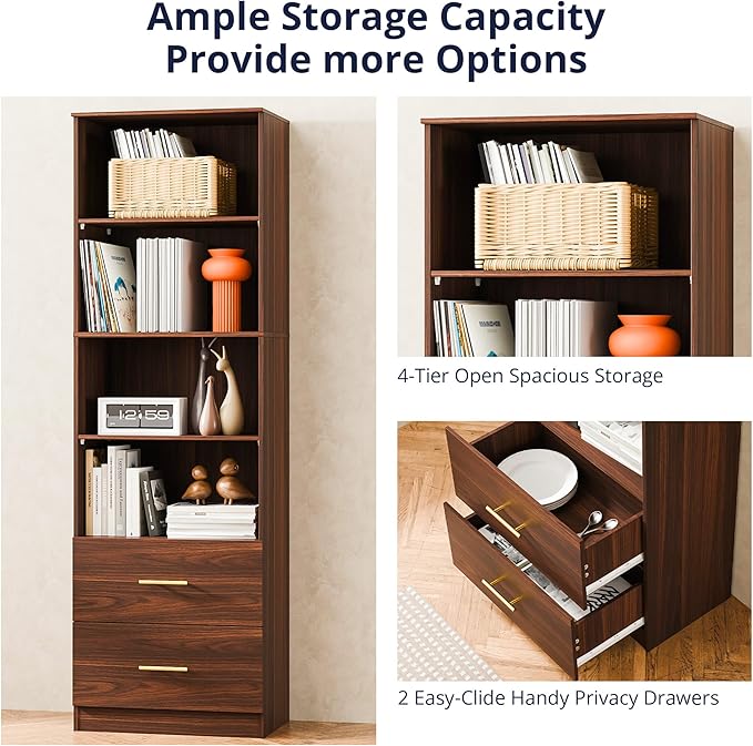Cozy Castle 74.1'' Bookshelf,Tall Bookcase with Drawers, 4-Tier Open Bookshelf with Adjustable Storage Shelves,23.6 Inches Wide Floor Standing Bookcase for Home Office,Bedroom,Living Room,Brown