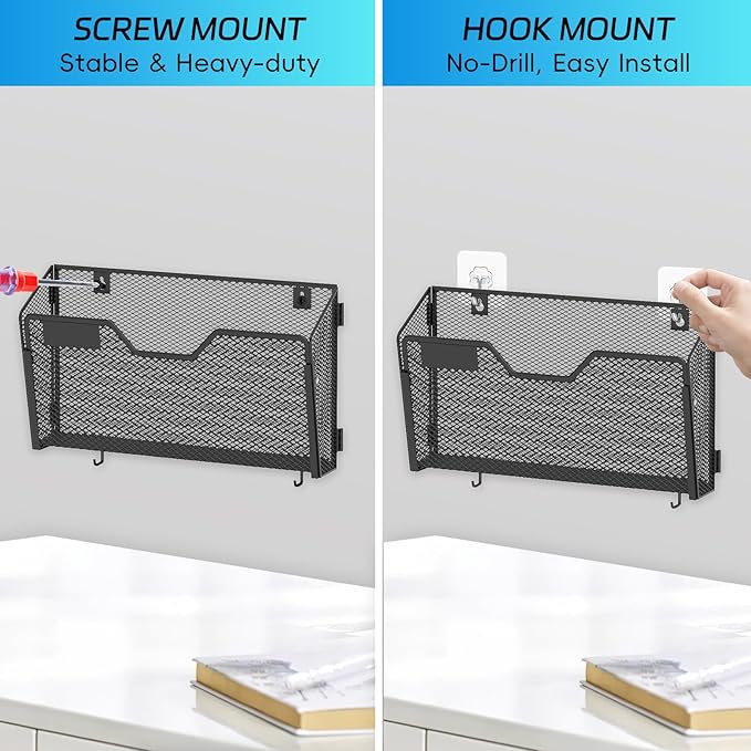 SUPEASY Mail Organizer Wall Mounted, Wall File Holder, Hanging File Organizer, Metal Mesh Mail Oganizer & Mail Holder for Home / Office (with Label Panel, 6 Pack)