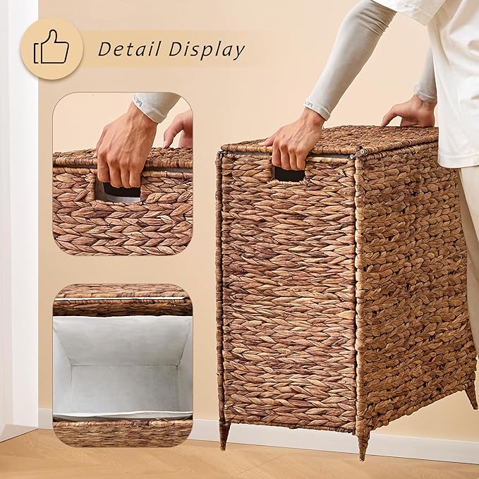 Handwoven Large Laundry Hamper with Lid and 2 Removable Liner Bags, Heightened Feet Natural Hyacinth Clothes Hamper,Wicker Laundry Basket for Clothes and Towels