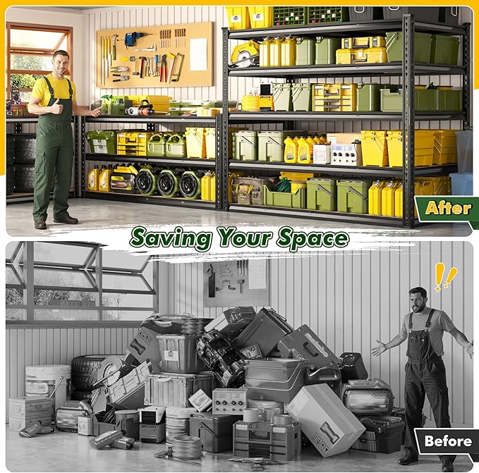 55.1" W Garage Shelves 2230LBS Storage Shelves, 5 Tier Adjustable Metal Shelving, Garage Shelving for Storage, Basement, Warehouse, Pantry, Kitchen, 55.1" W x 24.1" D x 72.1" H, Black