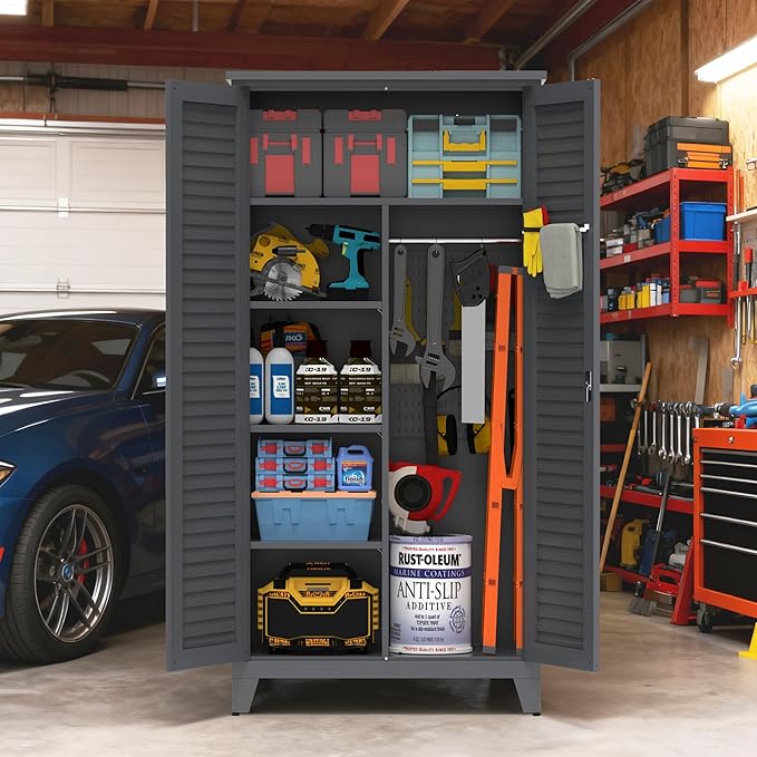Tall Metal Tool Storage Cabinet with Shelves and Pegboard, 72.8” Steel Organizer Cabinet for Garage Workshop Warehouse Utility Room, Wall-Mountable Heavy Duty Storage Locker