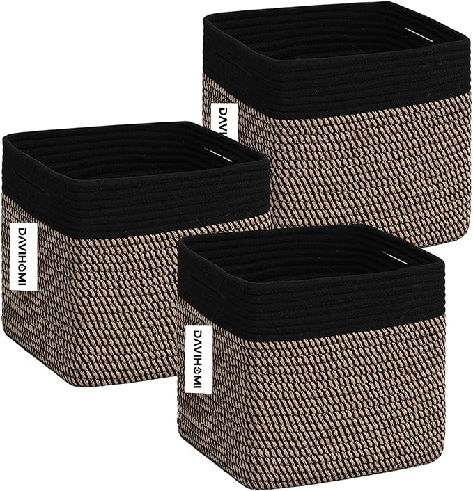 Cube Storage Bins 11 Inch Cotton Rope Woven Storage Basket for Organizing 3 Pack | Storage Cubes for Organization and Storage | Square Cube Organizer | Closet Toy Bin（Black Jute）