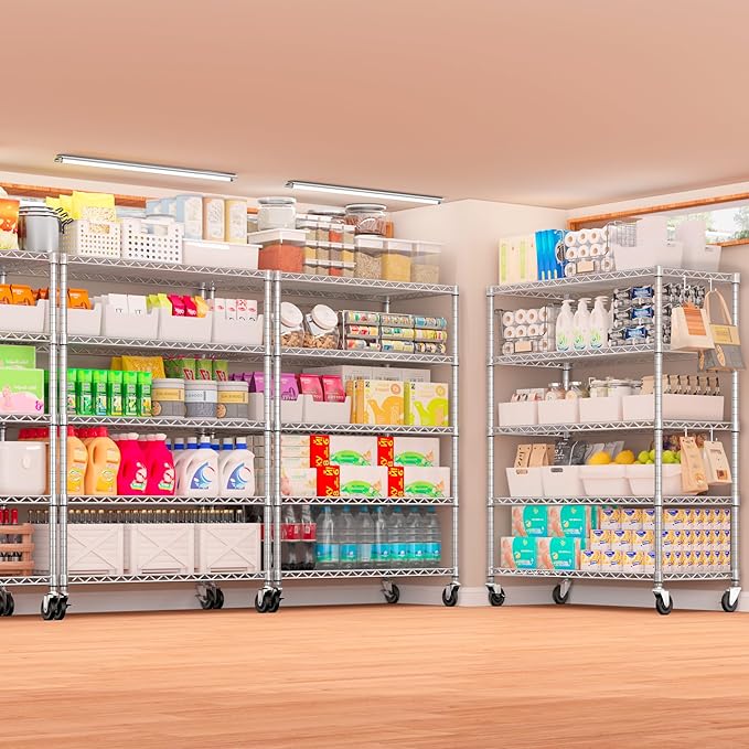 PrimeZone 5 Tier 48" Wx24''Dx81''H Wire Shelving with Wheels 3000lbs NSF Certified Storage Shelves Heavy Duty Metal Shelf Adjustable Rolling Rack Commercial Garage Restaurant Warehouse Chrome 2Pack