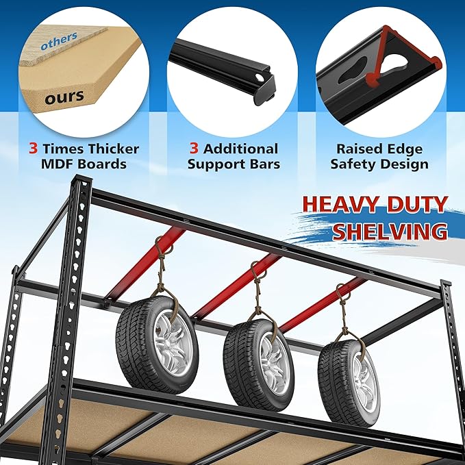55" W Storage Shelves, 3060LBS Garage Shelving, 6-Tier Heavy Duty Shelving, Adjustable Metal Shelving Unit for Garage, Warehouse, Pantry, Kitchen, 55" W × 24" D × 84" H, Black
