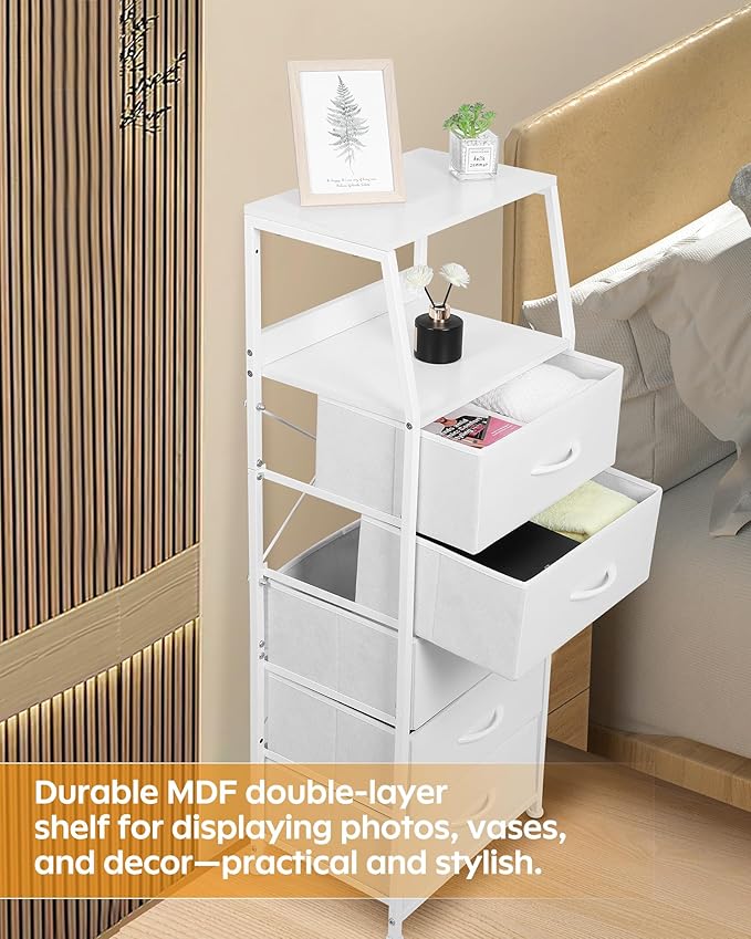 Dresser for Bedroom, Fabric Nightstand Tall Dresser & Chests of Drawers with 5 Drawers, Vertical Organizer Storag, Hallway, Entryway White