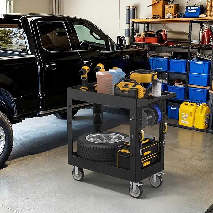 2 Tier Plastic Rolling Utility Cart on Wheels, Heavy Duty Tool Cart with Deep Shelves and 360° Swivel Wheels Holds up to 550 lbs, Service Cart for Garage, Warehouse, Cleaning