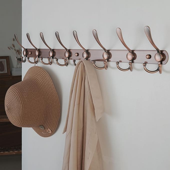 Dseap Coat Rack Wall Mount - 29.5” Long 8-Tri-Hooks Heavy Duty Coat Hanger Rail Wall Hooks for Hanging Coats Hats Clothing Clothes Purse Mudroom Entryway, Red Antique Copper