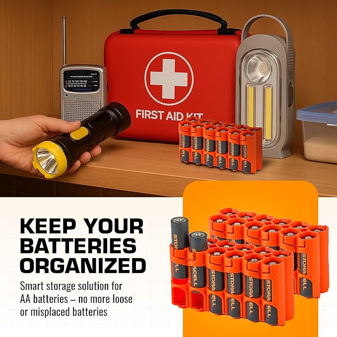 Storacell AA-12 Battery Storage Caddy and Dispenser (Pack of 2), Orange, Holds 12 AA Batteries (Not Included), Durable & Compact Design, The Original Battery Caddy, Made in The USA