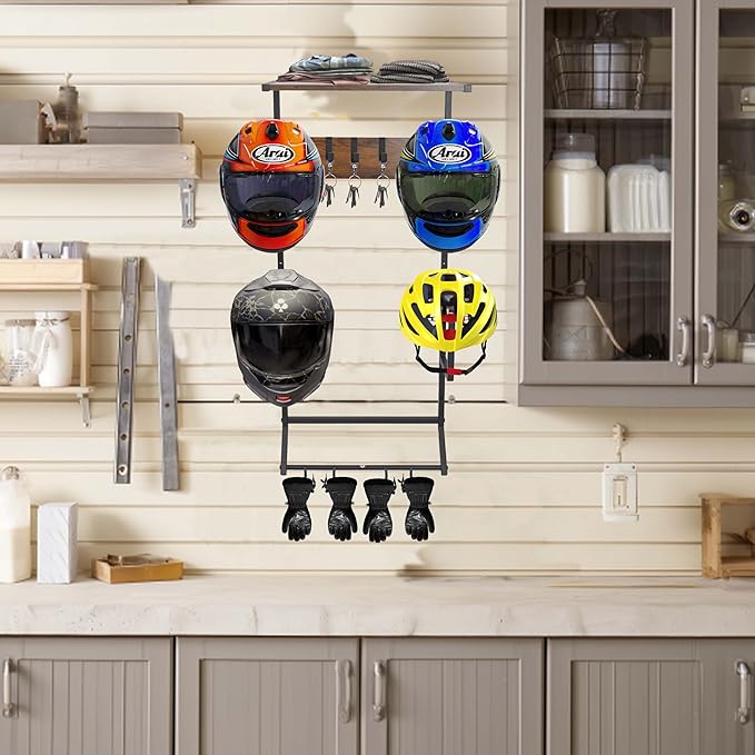Motorcycle Helmet Holder Wall-Mounted Helmet Rack with 4 Glove Chips& Hooks - Rustic Bike Helmets Storage Organizer, Universal Wall Mount for Helmets, Gear, Clothes, Accessories，Retro