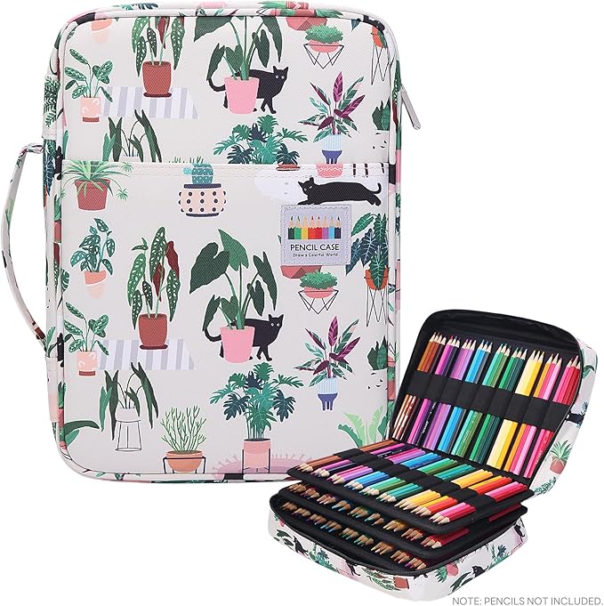 JAKAGO 220 Slots Colored Pencil Case Large Capacity Pen Holder for Artist Painter Zipper Organizer Bag for Marker Highlighter Storage Case for Office Sketch Travel Supplies (Green Plant Cat)