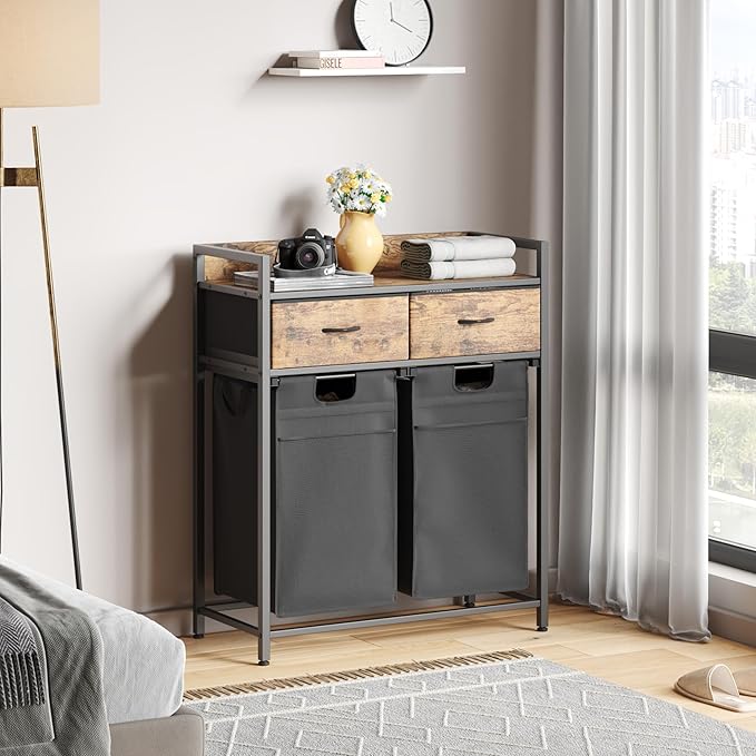 Laundry Hamper baskets 2 Section with 2 Drawers, 100L Laundry Sorter with Wheels Pull-Out Removable Laundry Bags, Rustic Brown and Black