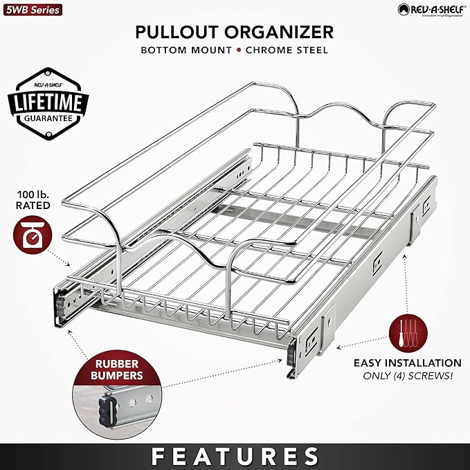 Rev-A-Shelf Pullout Kitchen Cabinet Drawer and Rolling Organizer Cabinet Pantry Storage Basket in Multiple Sizes, 12 x 22 in, 5WB1-1220CR-1