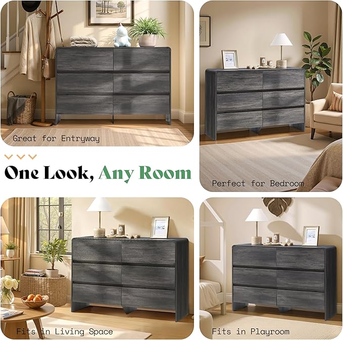 AMERLIFE 6 Drawer Dresser for Bedroom, 49" Long Modern Chest of Storage Drawers with Rounded Corners, Anti-Tip Kit, Wood Cabinet Organizer for Closet, Apartment, Nursery, Easy Assembly, Black
