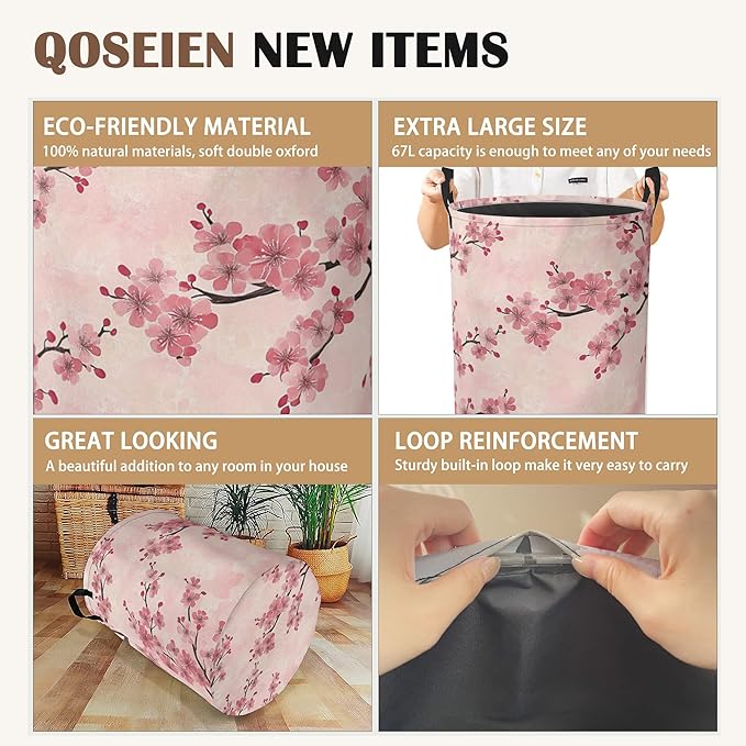 Laundry Hamper,Pink Flower Laundry Basket,Cherry Blossom Waterproof Oxford Cloth Storage Basket with Handle for Clothes Books Nursery Home Storage Sundries 16"x20"