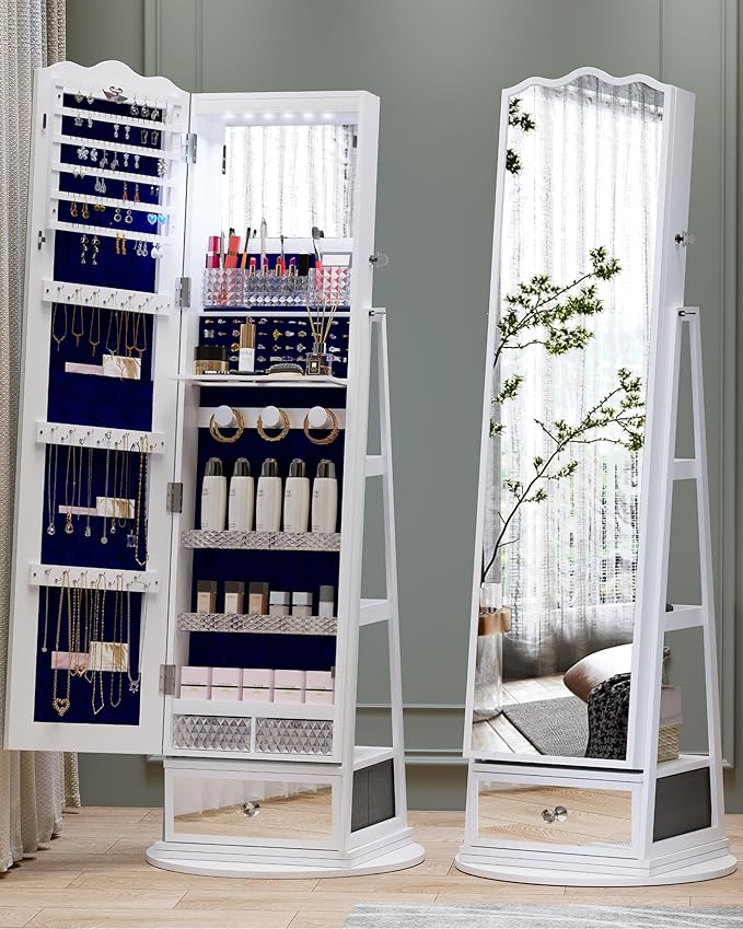 Full-Length Mirror Jewelry Cabinet Standing, 360° Swivel Jewelry Armoire with Mirror and LED Lights, Built in Mirror & Large Storage Shelves & Drawer, White