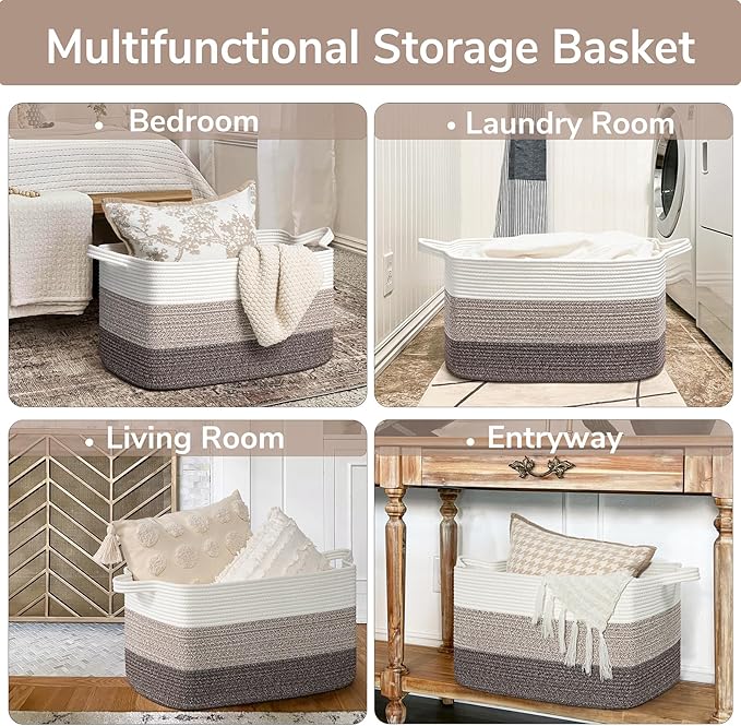 Goodpick Large Woven Storage Basket, 21.6"x14.9"x11.8", Blanket Storage for Bedroom and Living Room, Rectangle Rope Baskets for Storage, White Brown