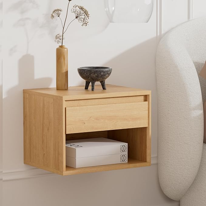 Floating Nightstand, Wall Mounted Bedside Table with Storage Drawer and Open Shelf, Modern Night Stand with Handless Design for Living Room, Bedroom, Dorm, Natural Oak