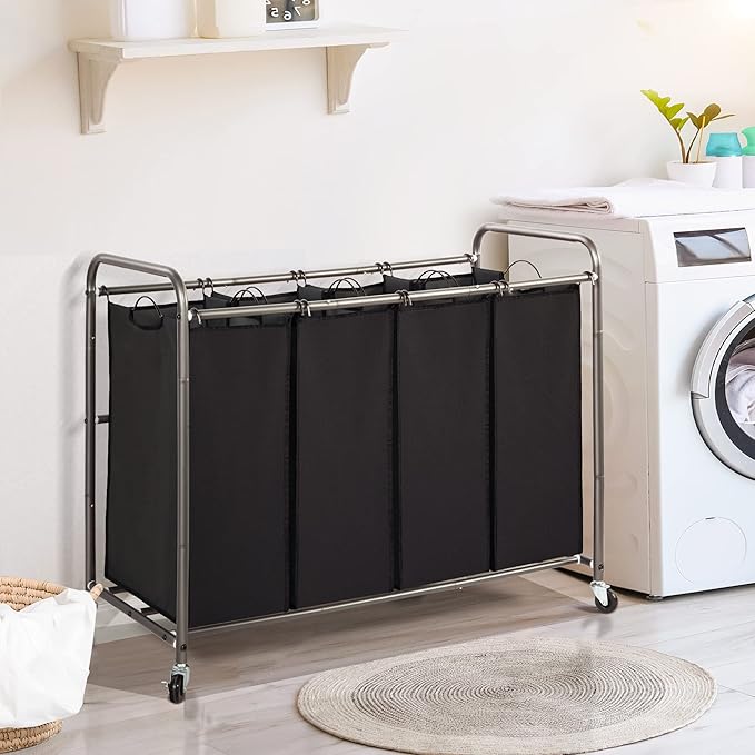 STO STO Laundry Sorter 4 Section, 4 Bag Laundry Hamper, Rolling Laundry Cart, Laundry Basket with Heavy Duty Lockable Wheels and Removable Bag for Clothes Storage, Black