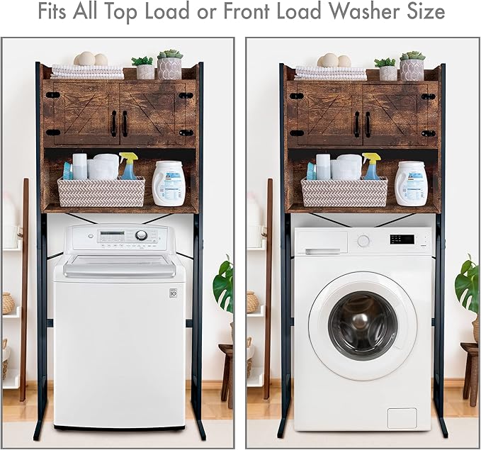 Over The Washer or Over The Toilet Storage Cabinet w/Height Adjustable Shelf Laundry Room/Bathroom Organizer Rack, 2-Door Freestanding Rack Space Saver, Wood