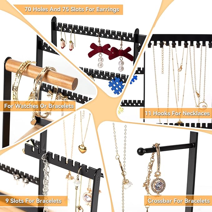 DreamGenius Jewelry Organizer Stand with 2 Velvet Ring Holder Drawers, 5 Tier Jewelry Holder Organizer with 11 Hooks for Necklaces and 145 Holes for Earrings, Black