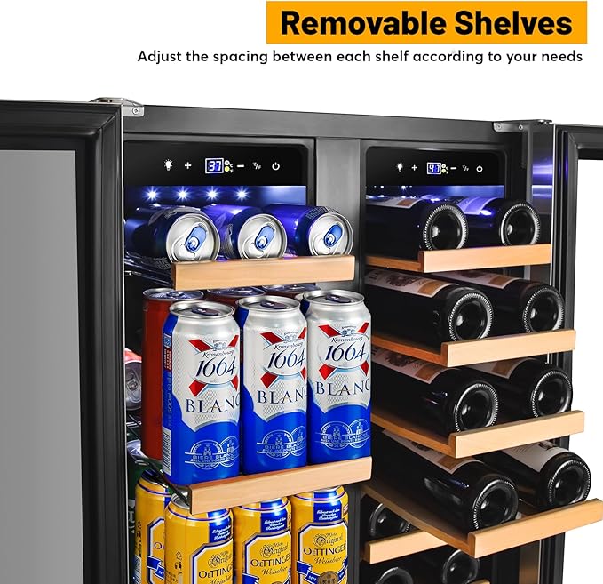 Wine and Beverage Refrigerator, 24 Inch Beverage Cooler Dual Zone with Glass Door, Under Counter Beverage Fridge with Upgraded 60 Cans 20 Bottles Large Capacity, Black