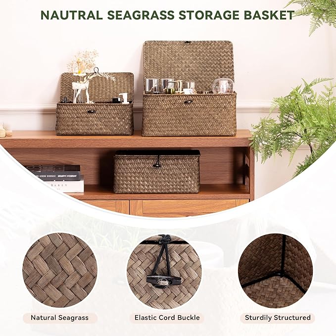Nonam Seagrass Storage Baskets with Lid Set of 3,Wicker Basket Storage Bin for Shelves,Rectangular,Boho Decor,Handwoven Shelf Basket for Organizing-Storage Container Box for Home Organization-Coffee