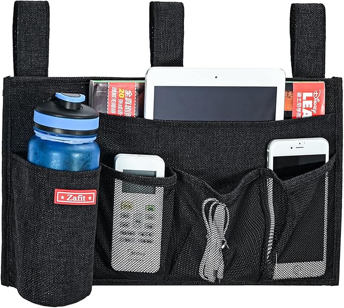 Linen Bedside Caddy, Bedside Storage Organizer for Hospital Beds, College Dorm Rooms or Baby Bed (5 Pockets-Black)