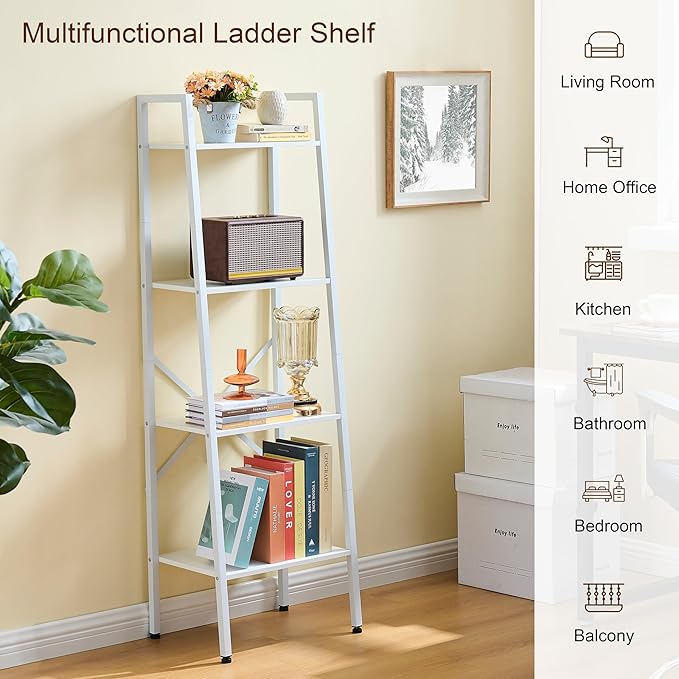 Hoctieon 4-Tier Industrial Ladder Bookshelf, Narrow Ladder Shelf, Tall Standing Bookshelf, Skinny Open Ladder Shelf, for Living Room, Home Office, Kitchen, Bedroom, Metal Frame, White
