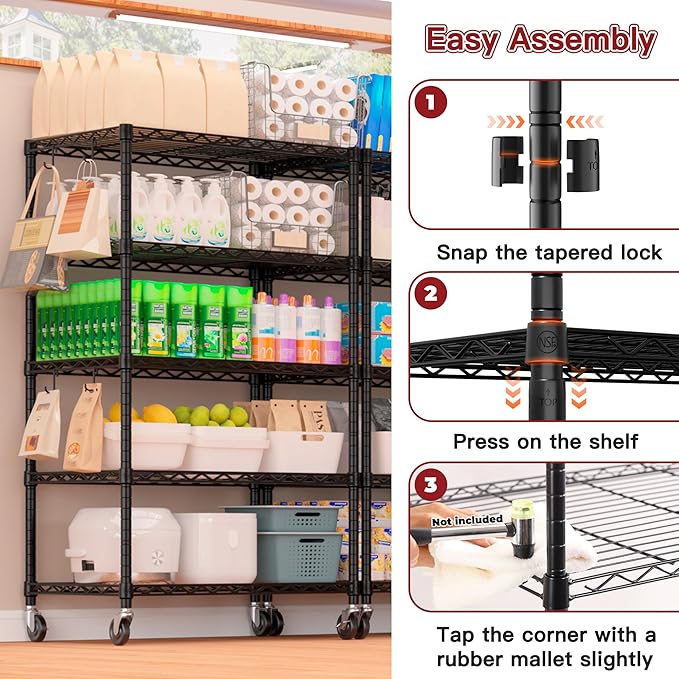 PrimeZone Wire Shelving Unit with Wheels, 5 Tier Adjustable NSF Certified Heavy Duty Metal Storage Shelves, Pantry Organizer Rack Rolling Kitchen Shelf for Closet, 24" W x 18" D x 75" H, Black, 4 PCS