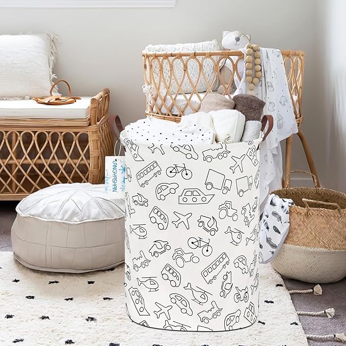 LANGYASHAN Laundry Basket Canvas Fabric Collapsible Organizer Basket for Storage Bin Toy Bins Gift Baskets Bedroom Clothes Children Nursery Hamper (Vehicle)