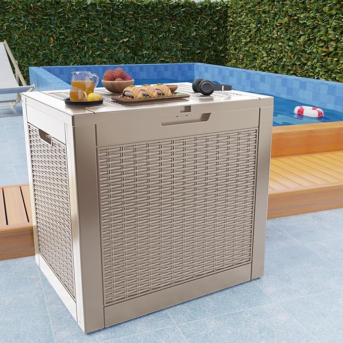 37 Gallon Outdoor Deck Box,Storage Lockable Waterproof Patio Furniture,Garden Tools,Cushions,Pool Accessories Outside Storage Resin Box(Grey)