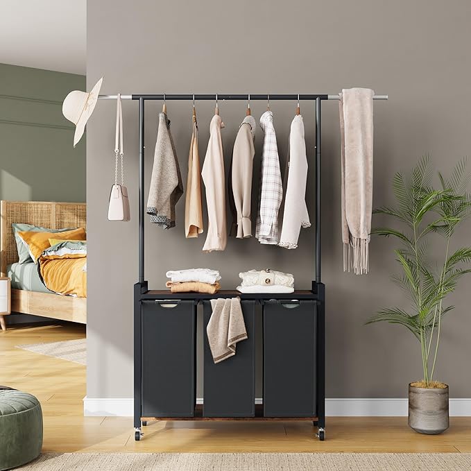 GarveeHome Rolling Laundry Cart with Hanging Rack & Utility Shelf | 3-Section Laundry Sorter Hamper with Lockable Wheels | Laundry Basket Organizer for Laundry Room, Bedroom, Bathroom | Black