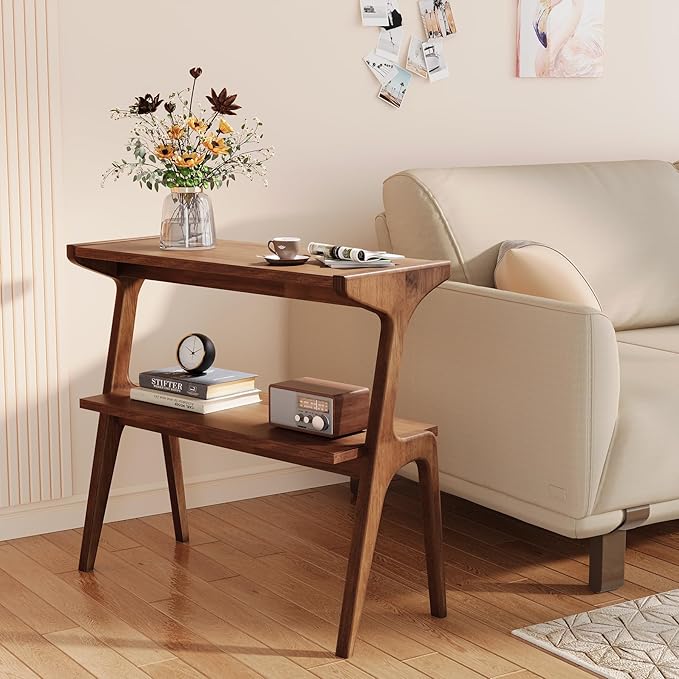 Solid Wood End Table, 2-Tier Side Table with Storage Shelf, Wooden Modern Accent Slim Bedside Table for Sofa, Living Room, Bedroom, Small Space, Easy Assembly, Rustic Brown