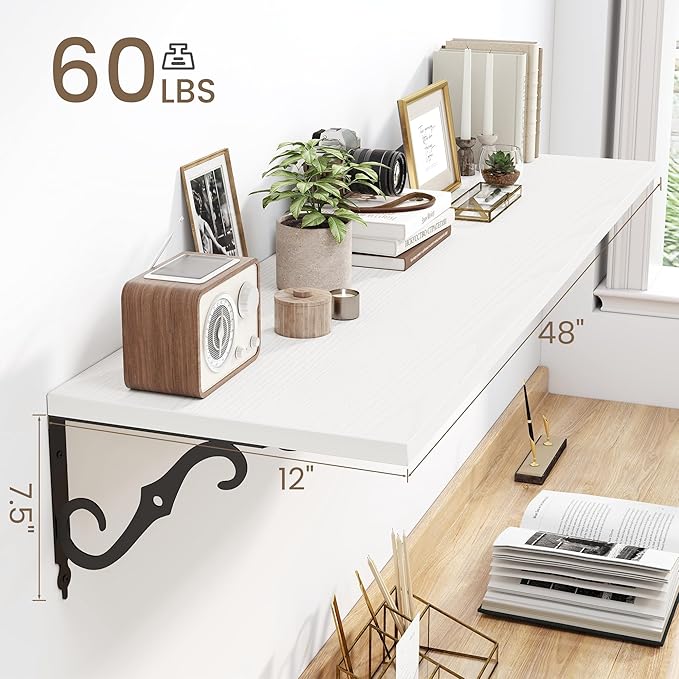 Fun Memories Large Floating Shelves for Wall 48 Inches Long, 12 Inch Deep Shelves with Metal Bracket, 48 Inch Floating Shelves Wall-Mounted, Wide Display & Storage Bookshelves, White, Set of 2
