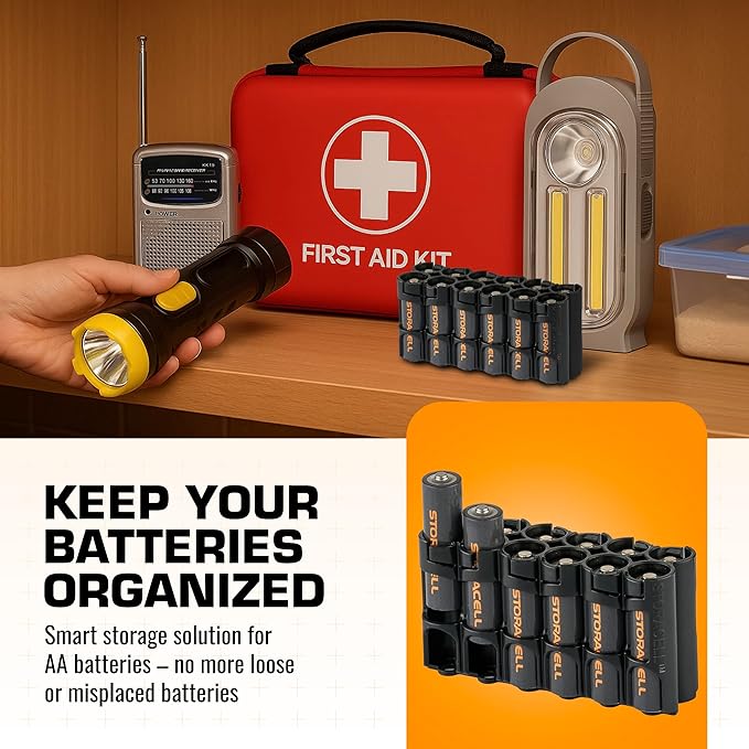 AA Battery Storage Caddy by Storacell, Black, Holds 12 Batteries (Not included)