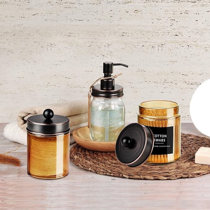 Amolliar Amber Bronze Glass Apothecary Jar With Metal Lid & Labels, Bathroom Qtip Holder Dispenser Storage Canister, Perfect for Cotton Balls, Cotton Swabs, Makeup Pads, Bath Salt, Floss, 2 Pack (ORB)