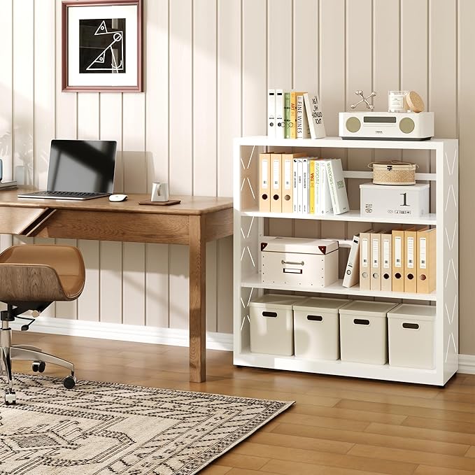 3 Tier Bookcase,Industrial Bookshelf,34" White Metal Wide Bookshelf with Adjustable Feet and Adjustable Shelves,Home Office Bookcase Shelf Storage Organizer for Living Room、Kitchen