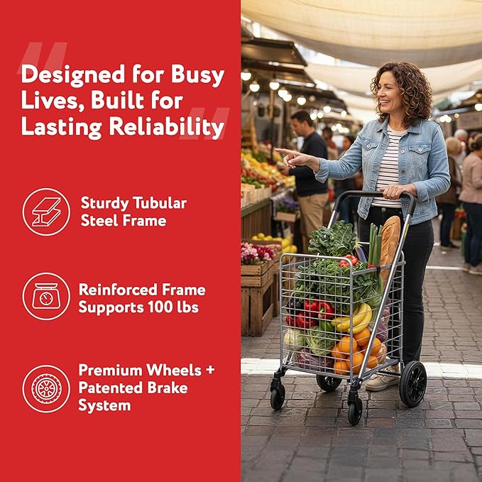 dbest Products Cruiser Cart Deluxe 2 - Foldable Shopping Cart with Wheels for Groceries - Heavy Duty Utility Cart with Brake System - Collapsible Laundry Cart - USA Designed - Holds 100 lbs - Silver