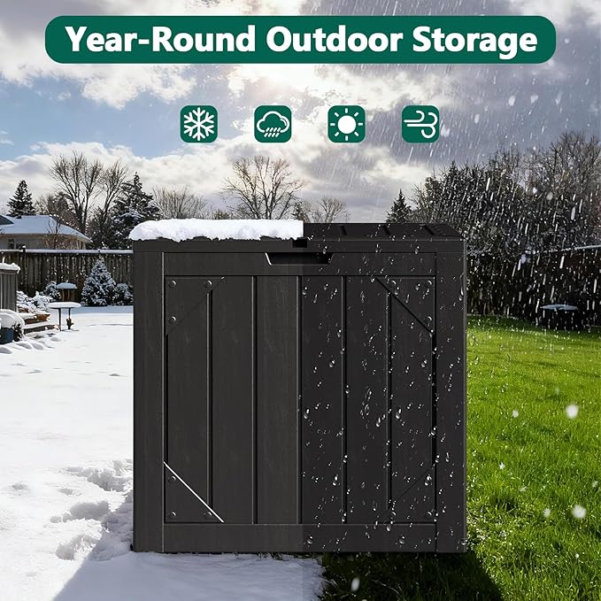 Outdoor Storage Box, 30 Gallon Deck Box Outdoor Storage Bench Outside Waterproof Resin Storage Bench, Lockable Patio Cushions, Garden Tools Storage For Furniture, UV Resistant(Black)