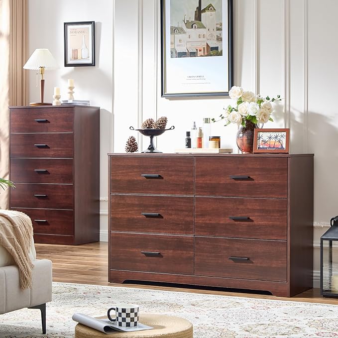 LIDYUK Dresser for Bedroom, Wood Dresser with 6 Drawers, Modern Minimalist Style Dressers & Chests of Drawers, 48 Inches Wide Chest of Drawers for Bedroom, Hallway, Living Room, Dark Cherry