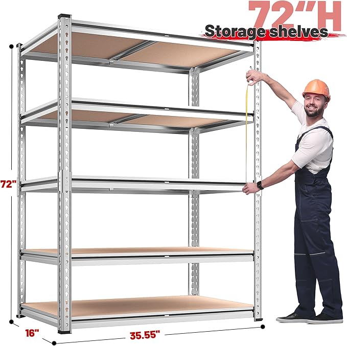 REIBII 2020LBS Garage Shelving Heavy Duty Metal Shelving 5 Tier Storage Shelves, Garage Shelves for Basement, Warehouse, Pantry, Closet, Kitchen, 72" H x 35.55" W x 16" D, Galvanized, 2 Pack